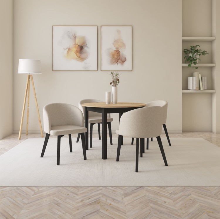 Zestaw stół i krzesła Flavio 2 kolor dąb artisan czarny tkanina  jasny szary